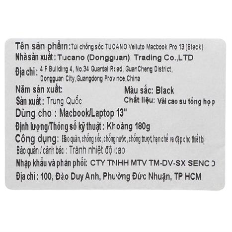 Túi chống sốc Laptop 13 inch TUCANO Velluto Macbook BFVELMB13-BK - Đen Màu Đen