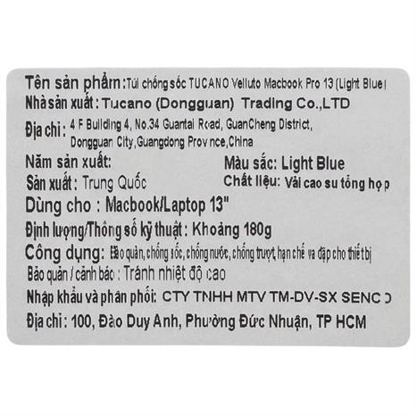 Túi chống sốc Laptop 13 inch TUCANO Velluto Macbook BFVELMB13-P - Xanh Màu Xanh dương nhạt