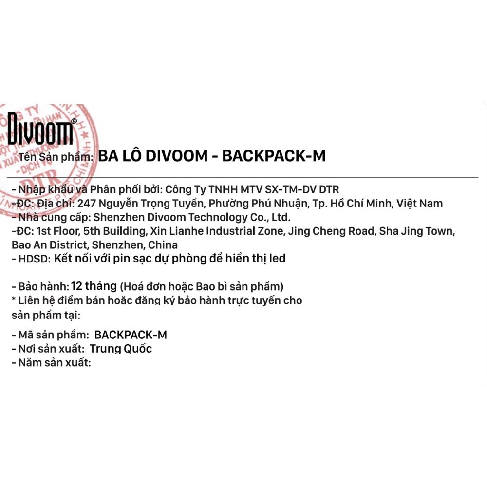 Balo Laptop 15 inch Divoom Backpack-M Màu Đen