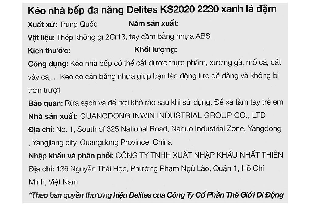Kéo nhà bếp đa năng thép không gỉ 2Cr13 Delites KS2020-2230 Màu Xanh lá đậm