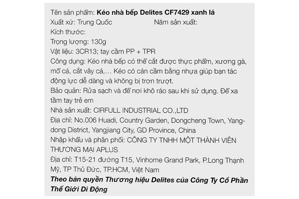 Kéo nhà bếp thép không gỉ 3Cr13 Delites CF7429 Màu Xanh lá