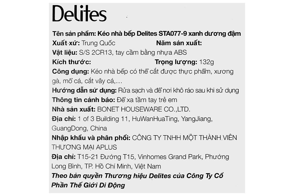 Kéo nhà bếp thép không gỉ 2Cr13 Delites STA077-9 Màu Xanh dương đậm
