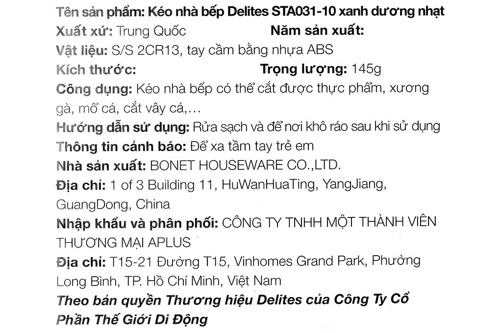 Kéo nhà bếp thép không gỉ 2Cr13 Delites STA031-10 Màu Xanh dương nhạt