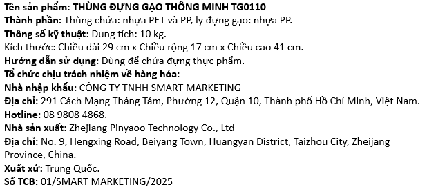 Thùng gạo 10 kg Tanaka TG0110-TRANS trong suốt Màu Trắng