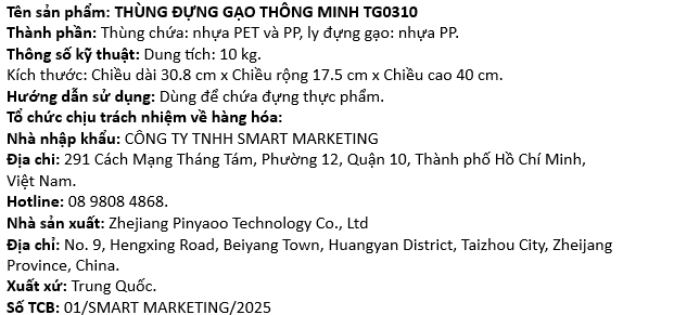 Thùng gạo 10 kg Tanaka TG0310-TRANS trong suốt Màu Trắng