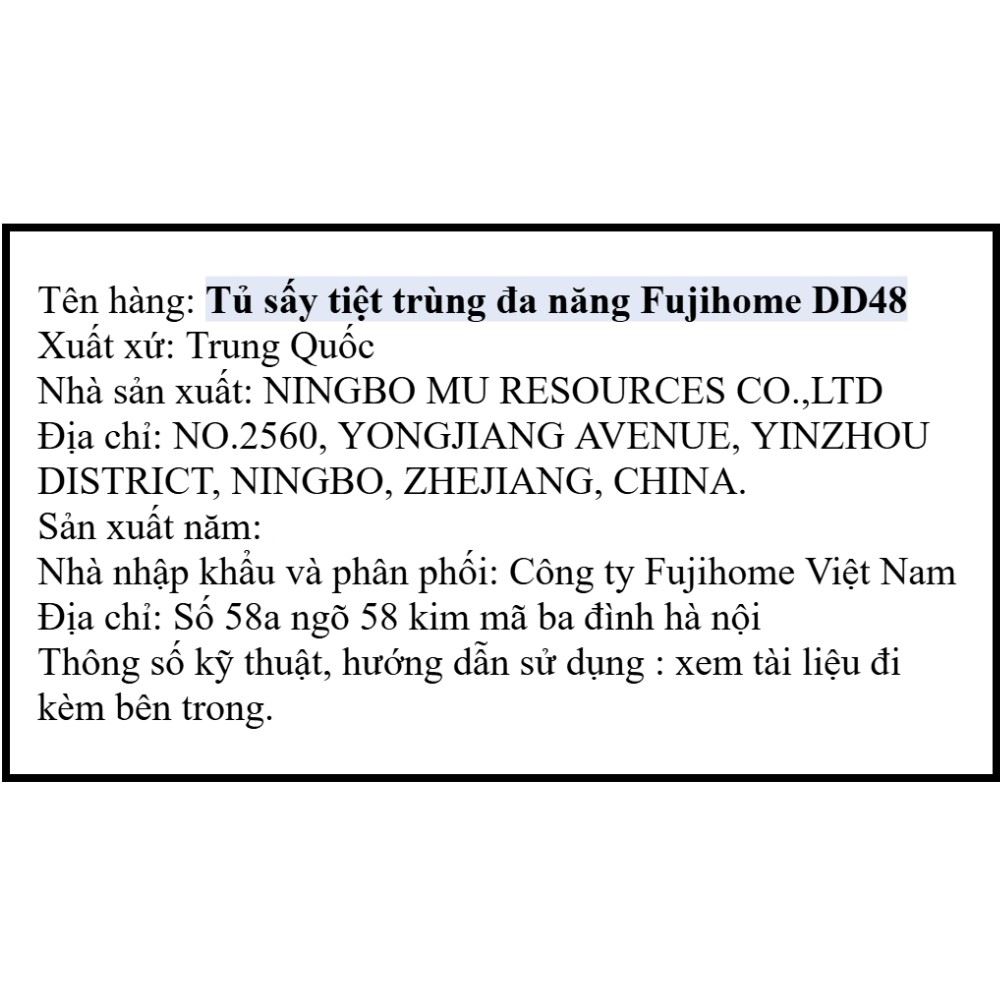 Tủ sấy chén bát tiệt trùng Fujihome DD48 Màu Trắng