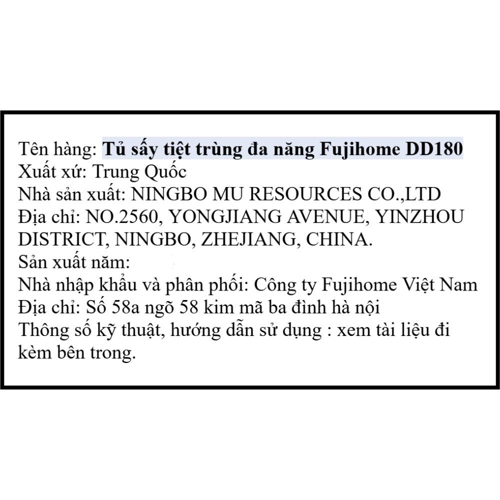 Tủ sấy chén bát tiệt trùng Fujihome DD180 Màu Đen