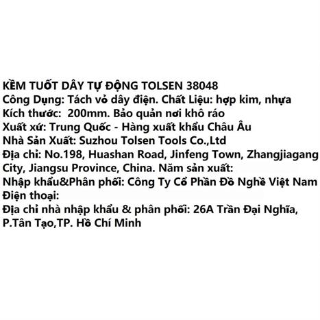 Kìm tuốt dây tự động Tolsen 38048 20 cm Màu Đen - Vàng