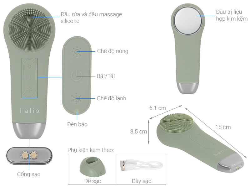 Máy rửa mặt và massage Halio 5 in 1 Sage Green