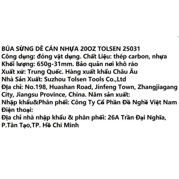 Búa sừng dê cán nhựa Tolsen 25031 Màu Đen - Vàng