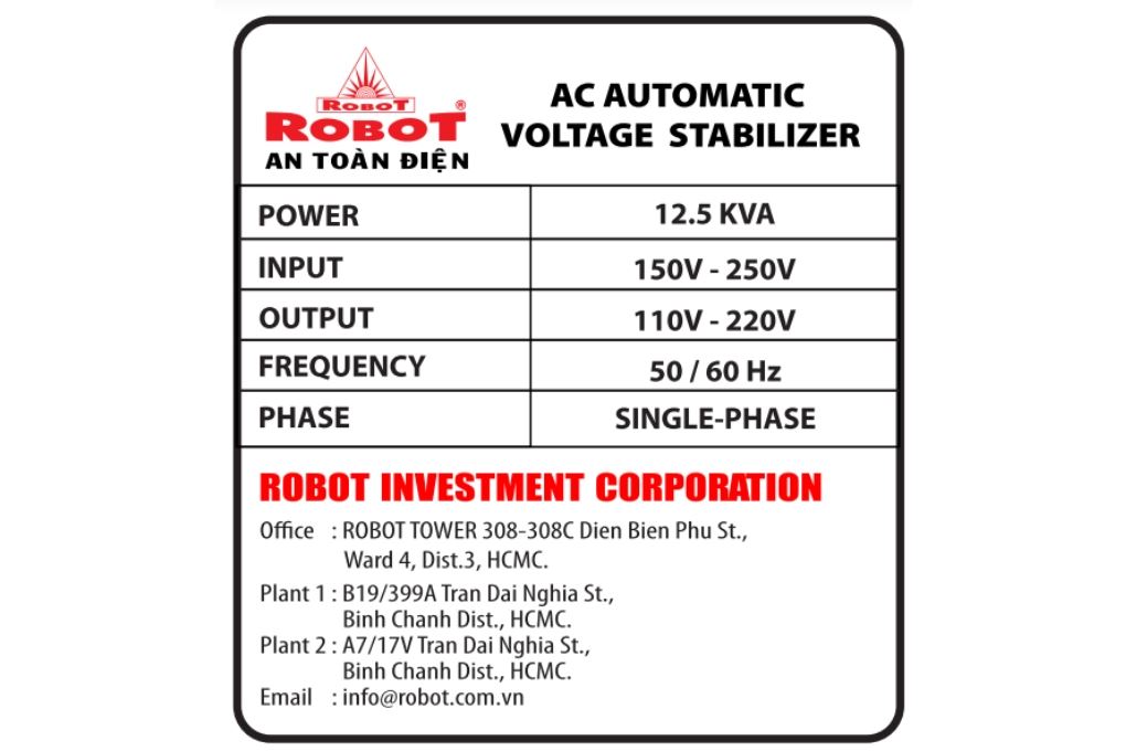 Ổn áp Robot 1 pha 12.5KVA 150 Màu Xám