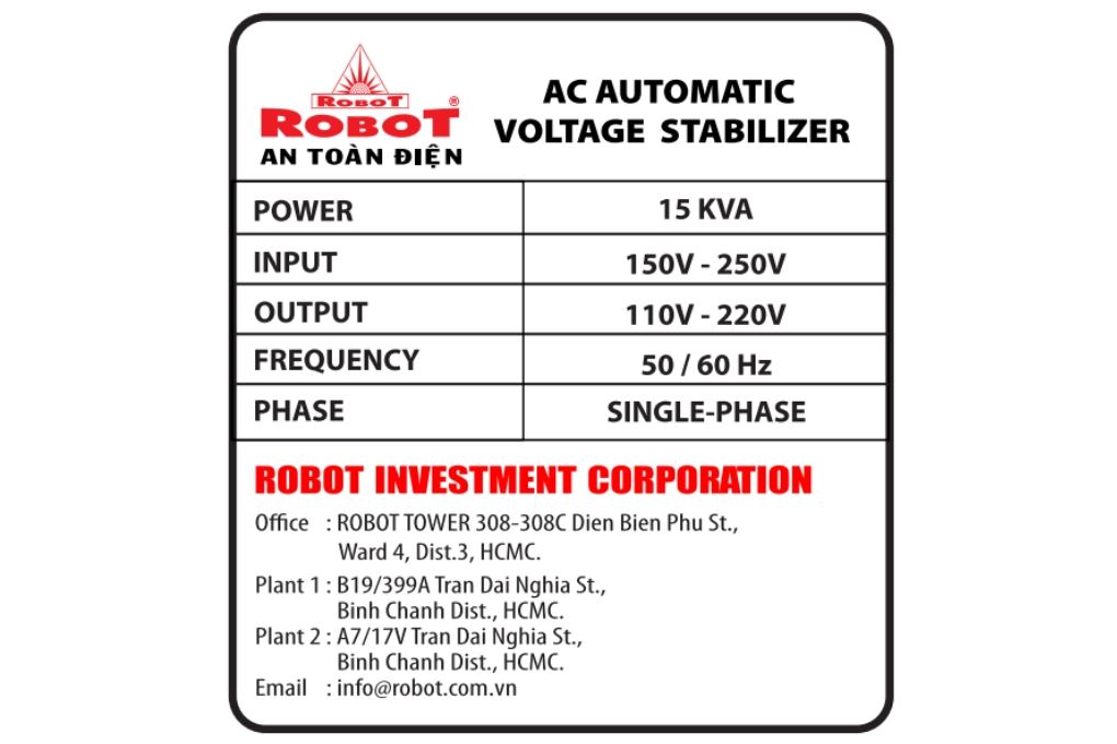 Ổn áp Robot 1 pha 15KVA 150 - 6