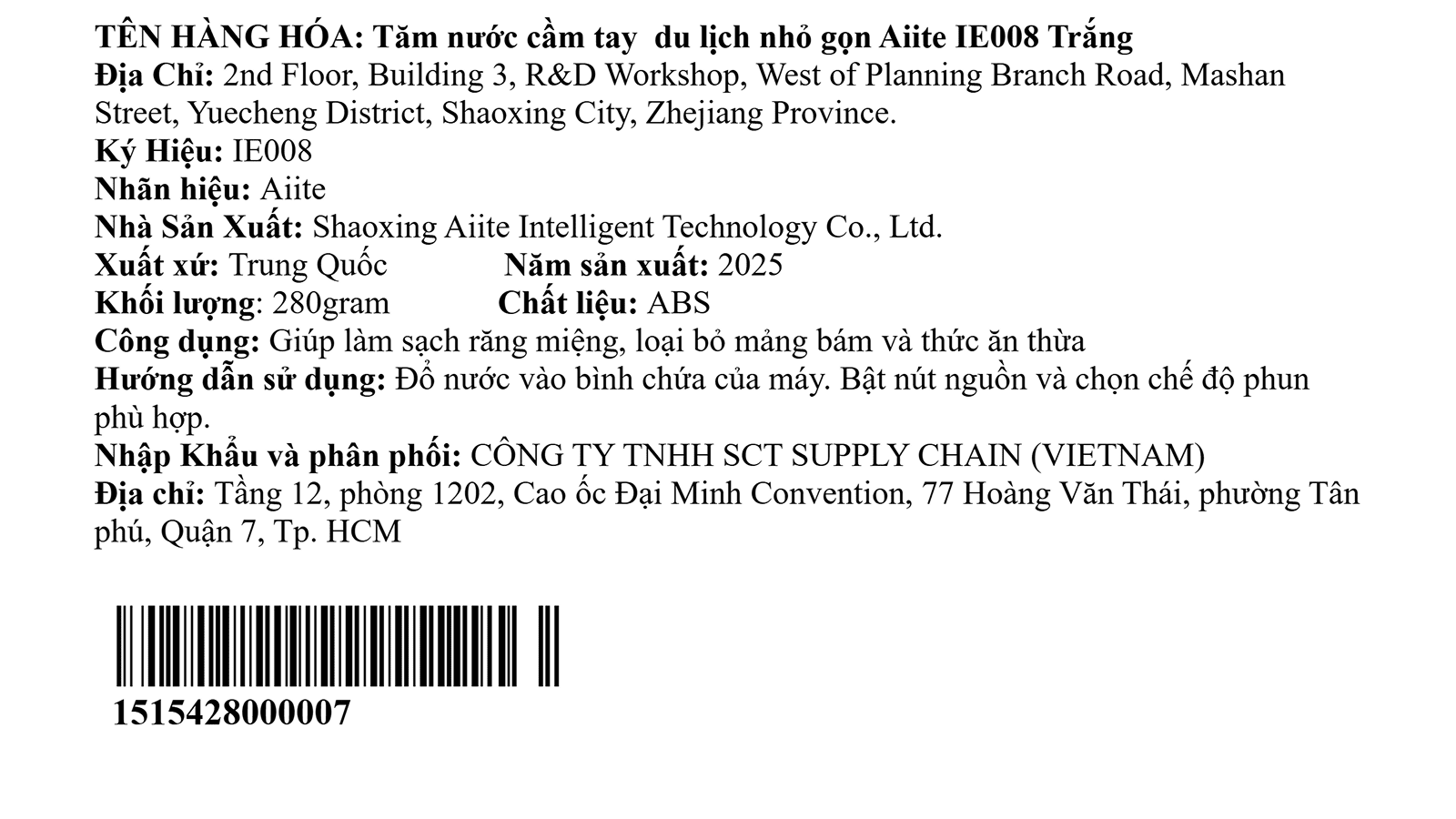 Tăm nước cầm tay Aiite IE008 Màu Trắng