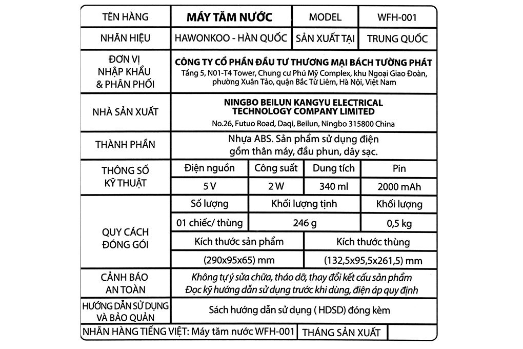 Máy tăm nước cầm tay Hawonkoo WFH-001 Màu Trắng