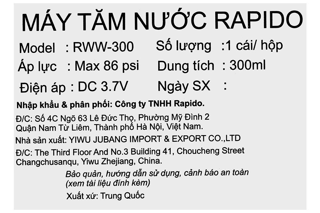 Máy tăm nước cầm tay Rapido RWW-300 Màu Trắng