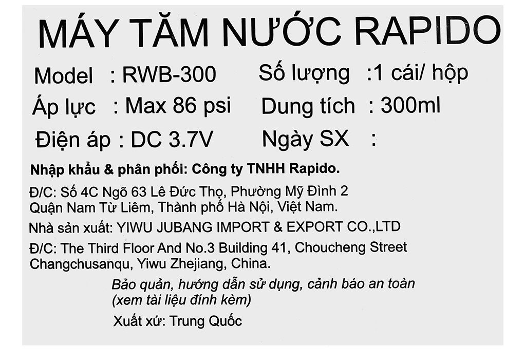 Máy tăm nước cầm tay Rapido RWB-300 Màu Đen