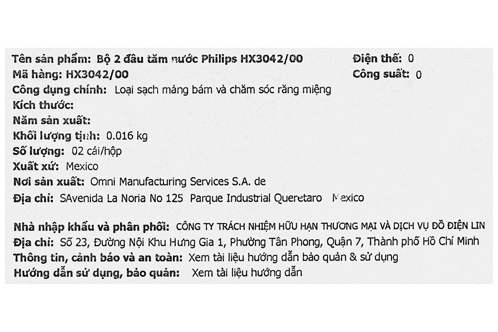 Bộ 2 đầu tăm nước Philips HX3042/00 Màu Trắng