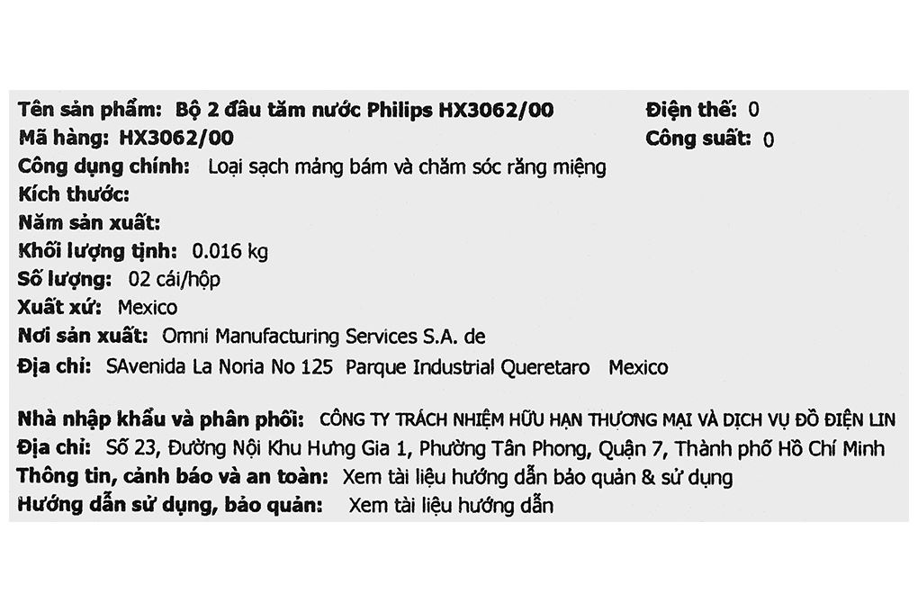 Bộ 2 đầu tăm nước Philips HX3062/00 Màu Trắng