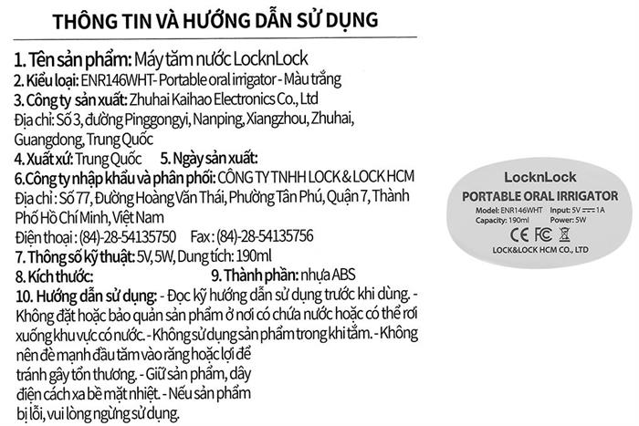 Máy tăm nước cầm tay Lock&Lock ENR146WHT Màu Trắng