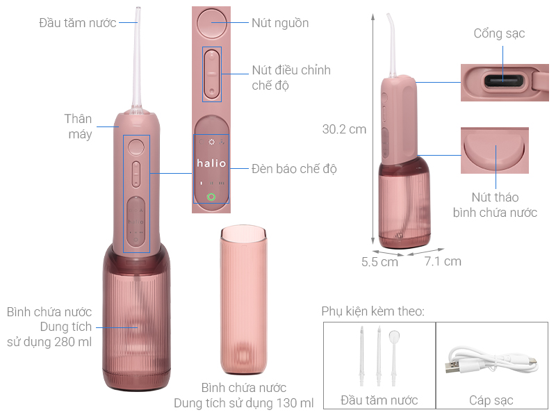 Máy tăm nước Halio UltraClean Express Hydro Floss Muted Rose