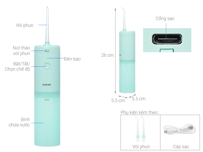 Máy tăm nước cầm tay Enchen Mint 3 - Xanh bạc hà