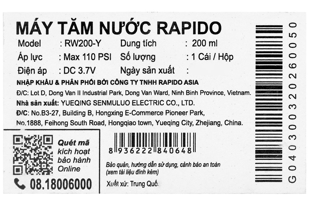 Máy tăm nước cầm tay Rapido RW200-Y Màu Vàng