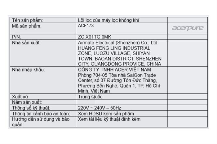 Lõi lọc không khí Acerpure ACF173 Màu Tím