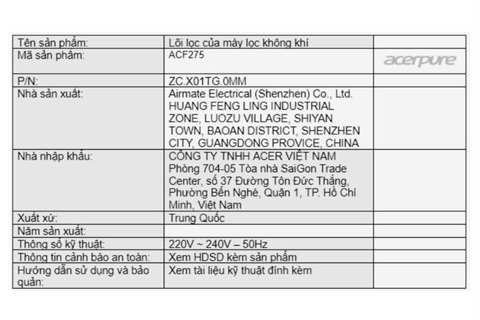 Lõi lọc không khí Acerpure ACF275 Màu Trắng