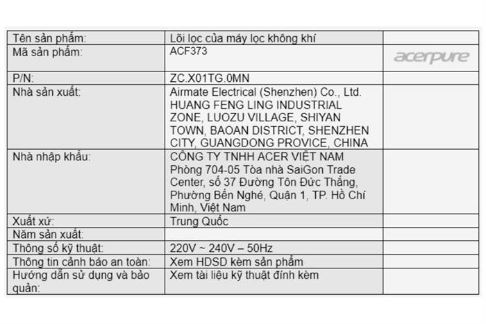 Lõi lọc không khí Acerpure ACF373 Màu Tím