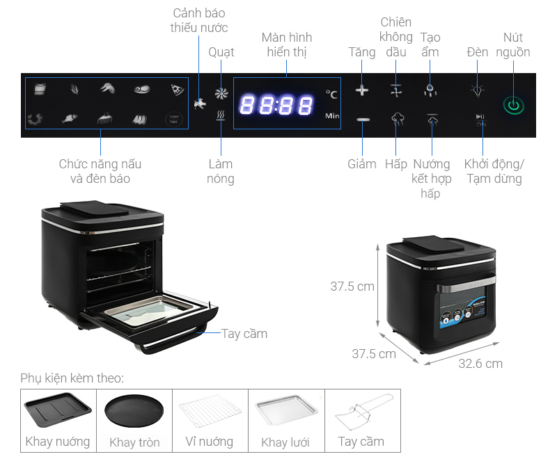 Lò chiên không dầu kết hợp hấp Kalite 15 lít STEAM X