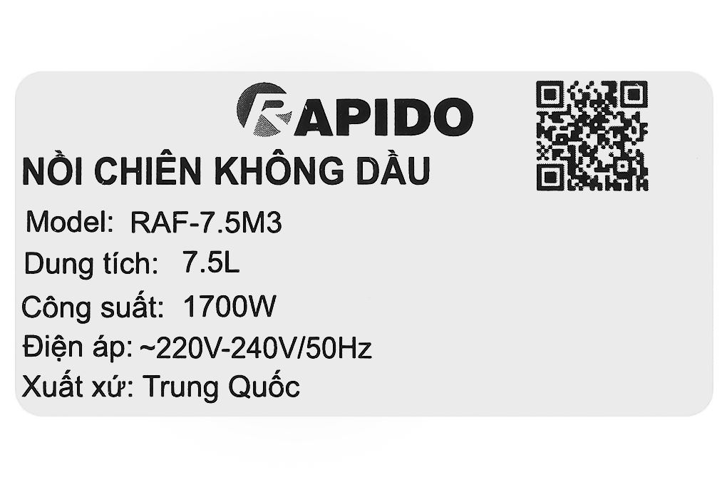 Nồi chiên không dầu Rapido 7.5 lít RAF-7.5M3 Màu Trắng - Kem