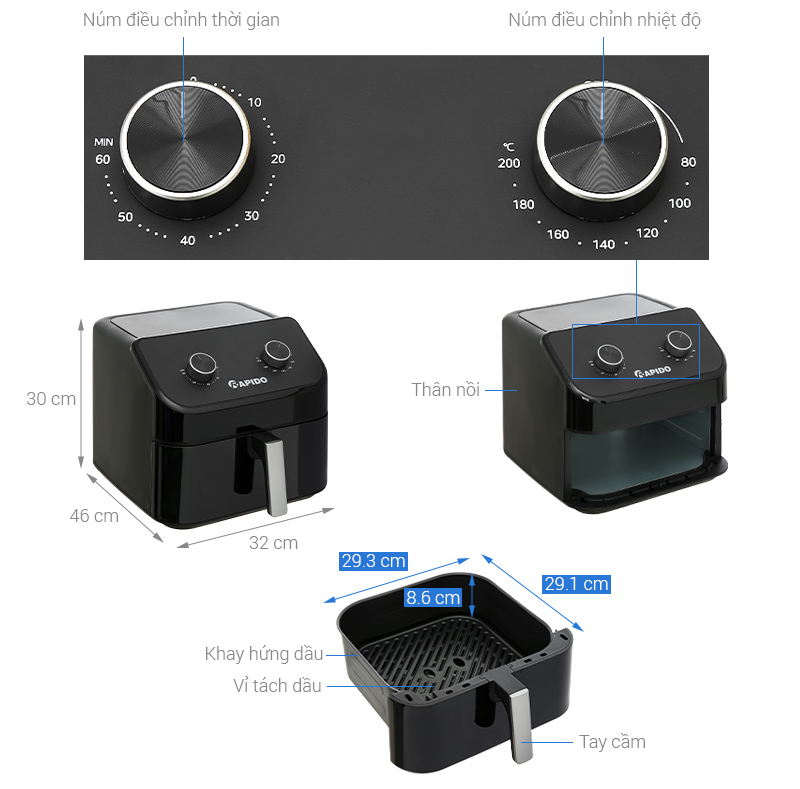 Nồi chiên không dầu Rapido 9 lít RAF-9.0M