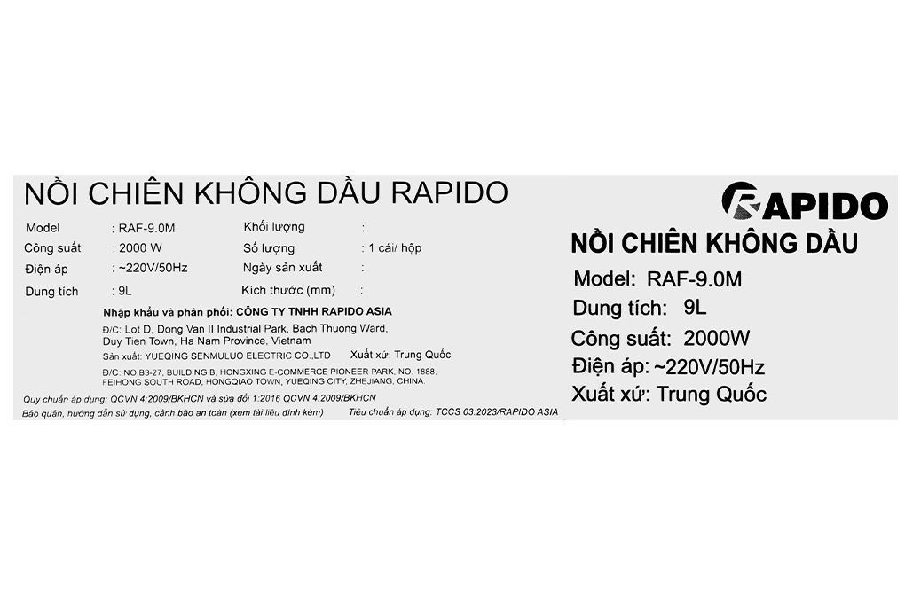 Nồi chiên không dầu Rapido 9 lít RAF-9.0M Màu Đen