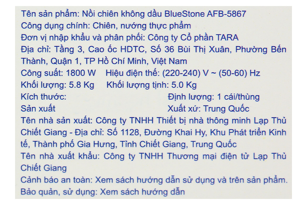 Nồi chiên không dầu BlueStone 6 lít AFB-5867 Màu Màu be