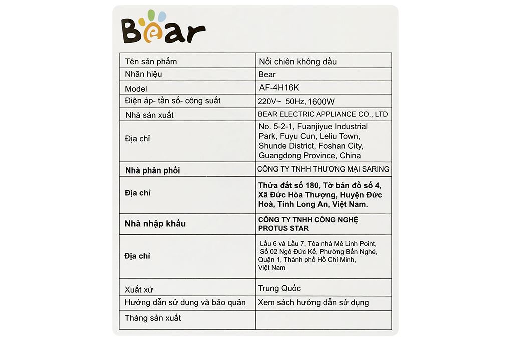 Nồi chiên không dầu Bear 6 lít AF-4H16K Màu Xám