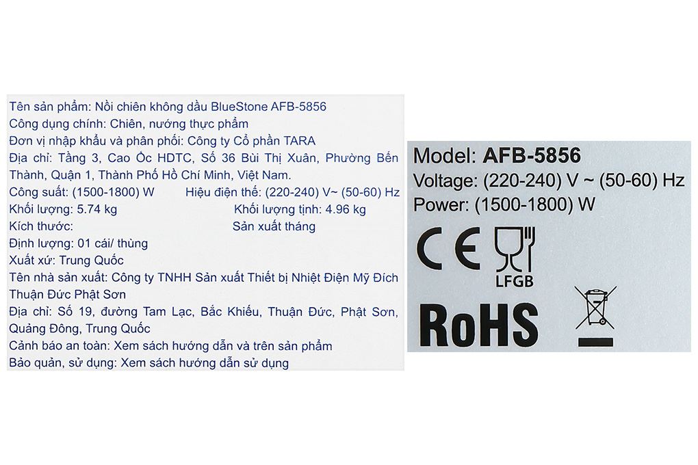 Nồi chiên không dầu BlueStone 7 lít AFB-5856 Màu Xám