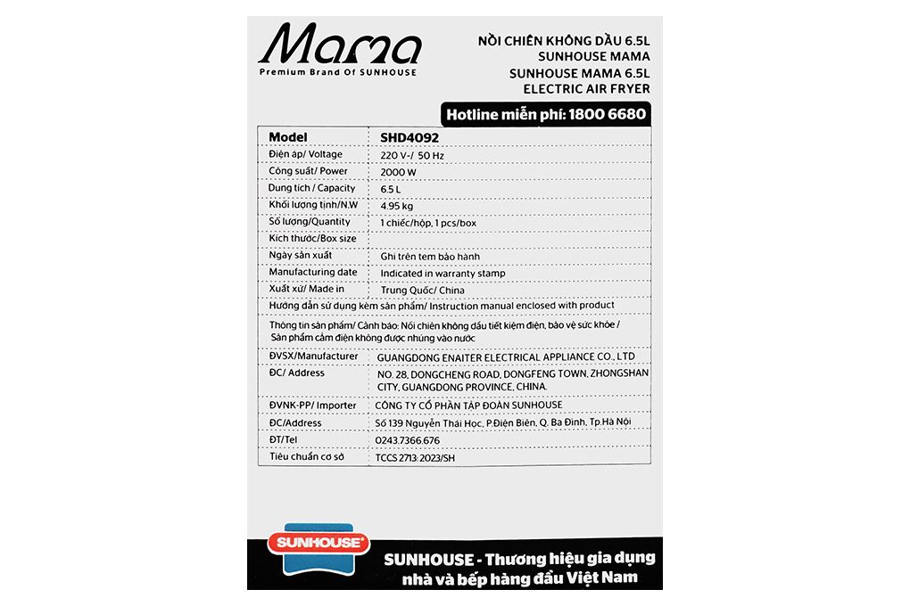 Nồi chiên không dầu Sunhouse Mama 6.5 lít SHD4092 Màu Đen