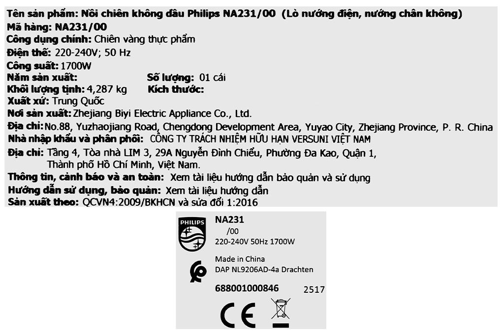 Nồi chiên không dầu Philips 6.2 lít NA231/00 Màu Đen