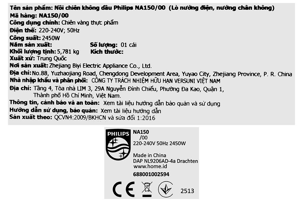 Nồi chiên không dầu Philips 7.1 lít NA150/00 Màu Đen