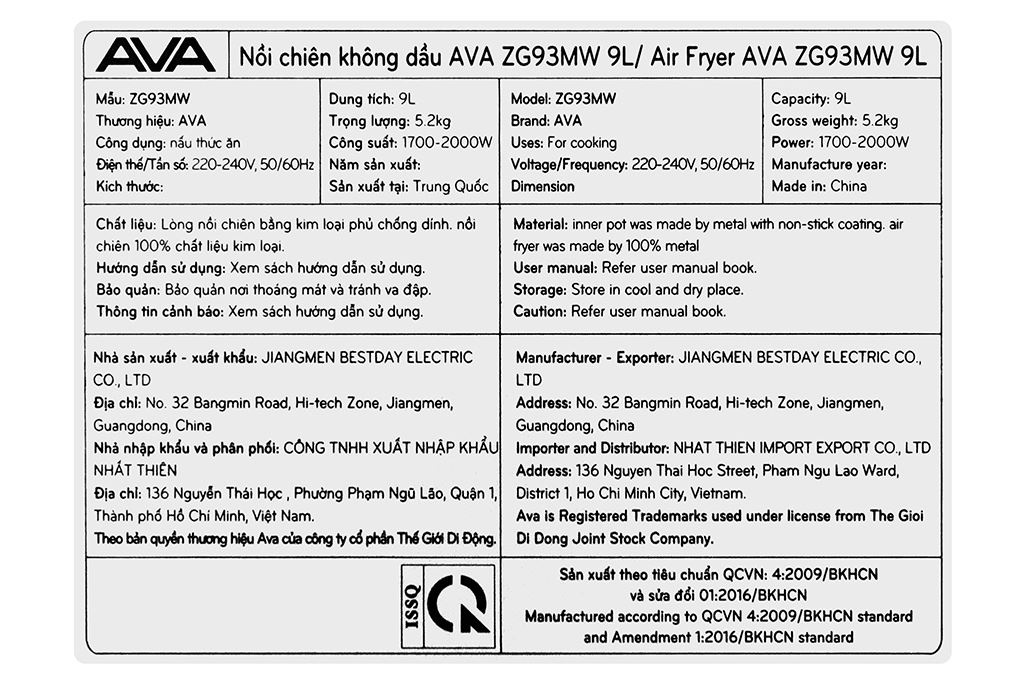 Nồi chiên không dầu AVA 9 lít ZG93MW Màu Màu be