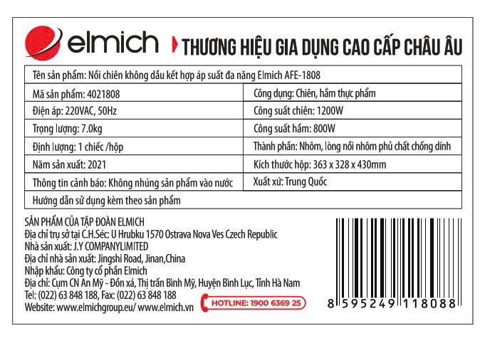 Nồi chiên không dầu kết hợp áp suất Elmich 4 lít AFE-1808 Màu Đen