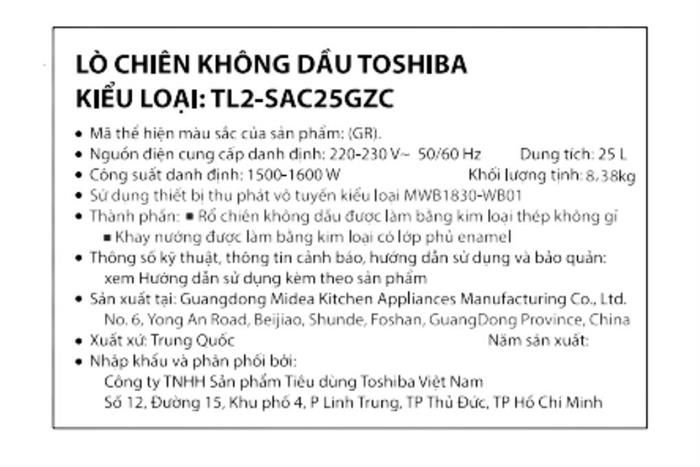 Lò chiên không dầu Toshiba 25 lít TL2-SAC25GZC(GR) Màu Đen