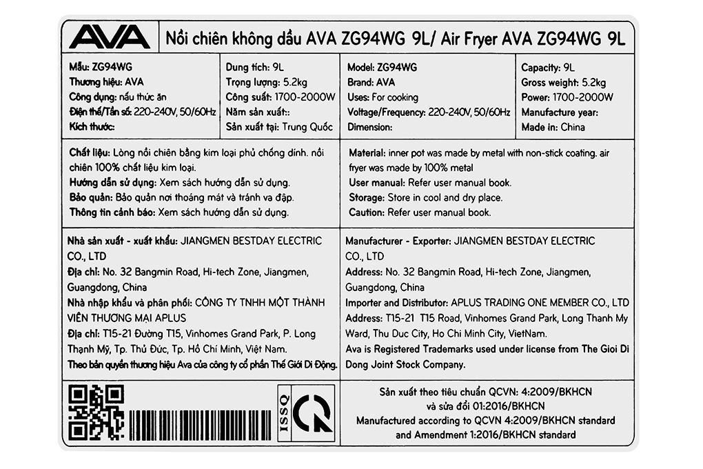 Nồi chiên không dầu AVA 9 lít ZG94WG Màu Đen
