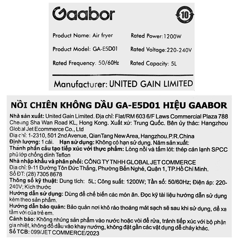 Nồi chiên không dầu Gaabor 5 lít GA-E5D01 Màu Xanh Navy