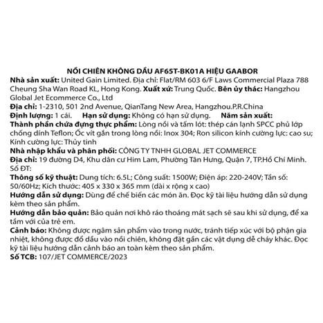 Nồi chiên không dầu Gaabor AF65T-BK01A 6.5 lít Màu Đen