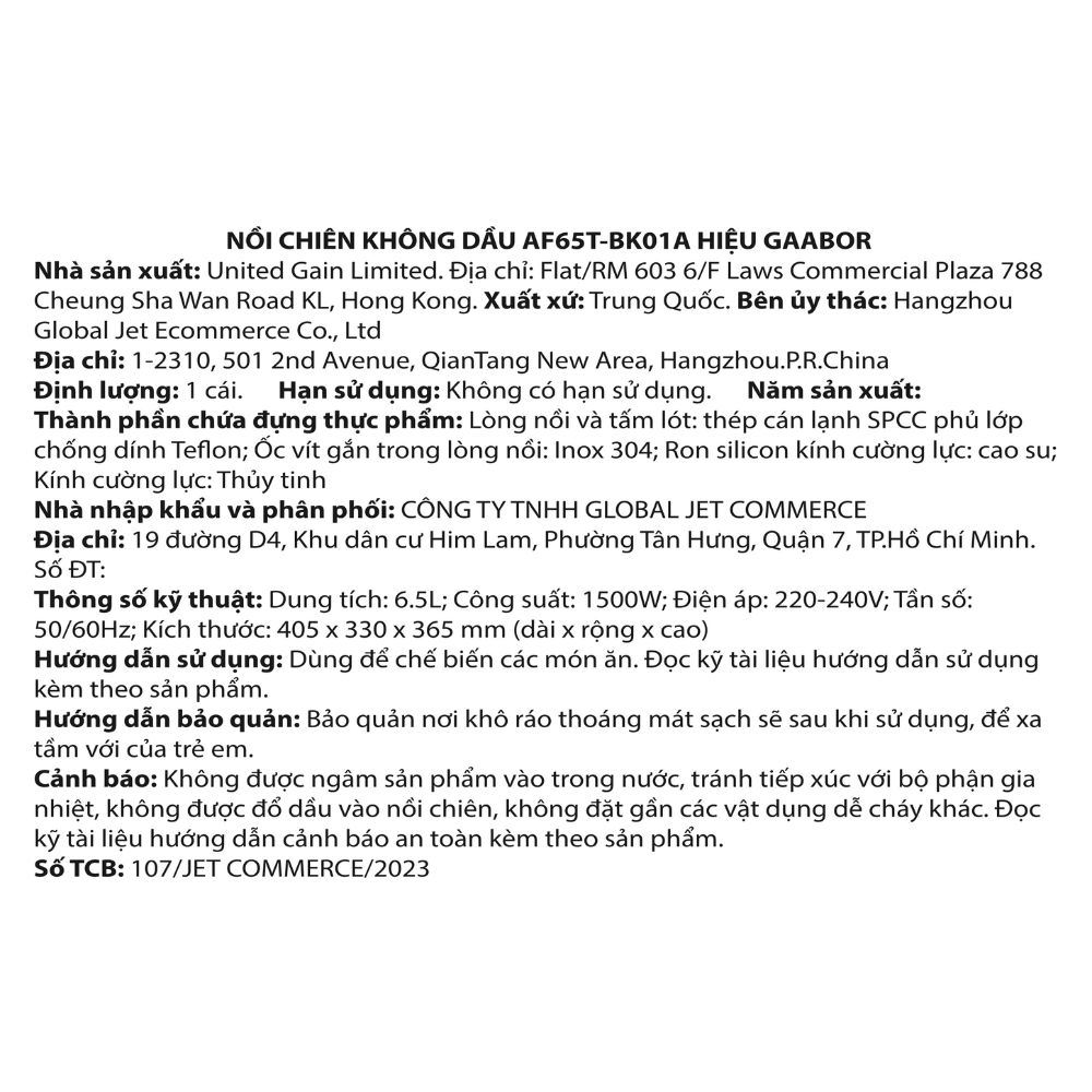 Nồi chiên không dầu Gaabor 6.5 lít AF65T-BK01A Màu Đen