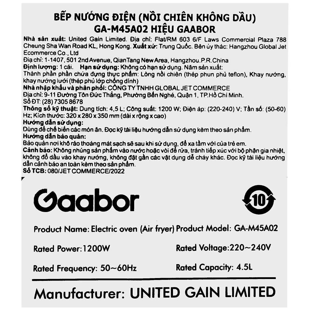 Nồi chiên không dầu Gaabor 4.5 lít GA-M45A02 Màu Đen