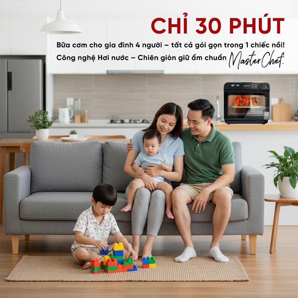 Lò chiên không dầu hết hợp hấp Kalite 20 lít Fusion Pro Màu Đen