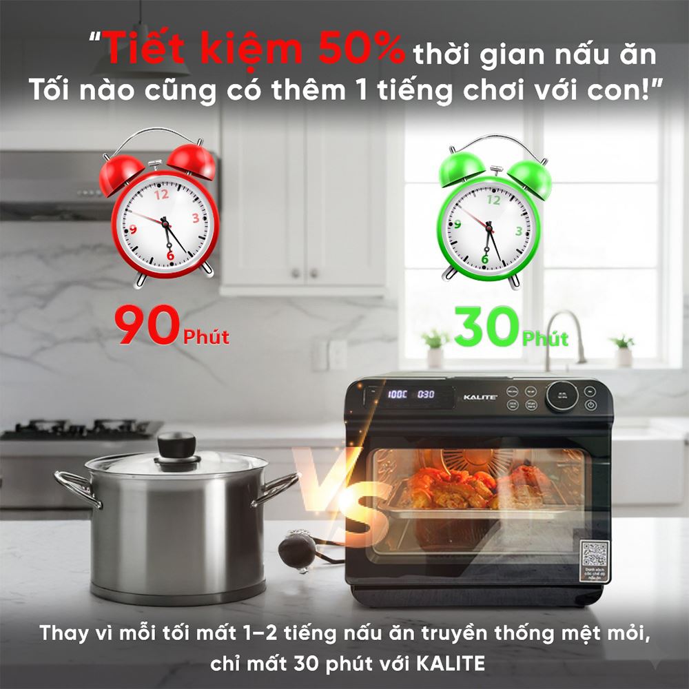 Lò chiên không dầu hết hợp hấp Kalite 20 lít Fusion Pro Màu Đen