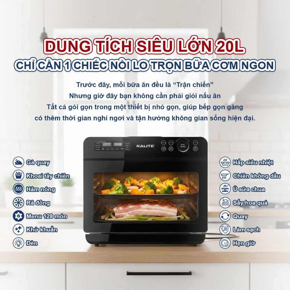 Lò chiên không dầu hết hợp hấp Kalite 20 lít Fusion Pro Màu Đen